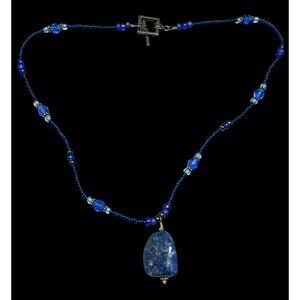 Blue Beaded Necklace With Lapis Lazuli Stone Pendant & Toggle Clasp